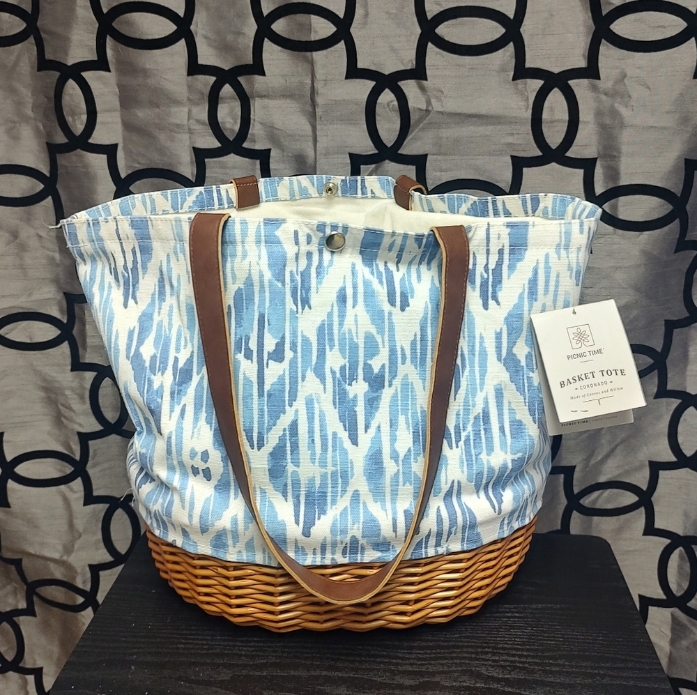 SOLD Picnic Time Basket Tote Blue Beach Canvas Willow Bag! - Picture 5 of 16